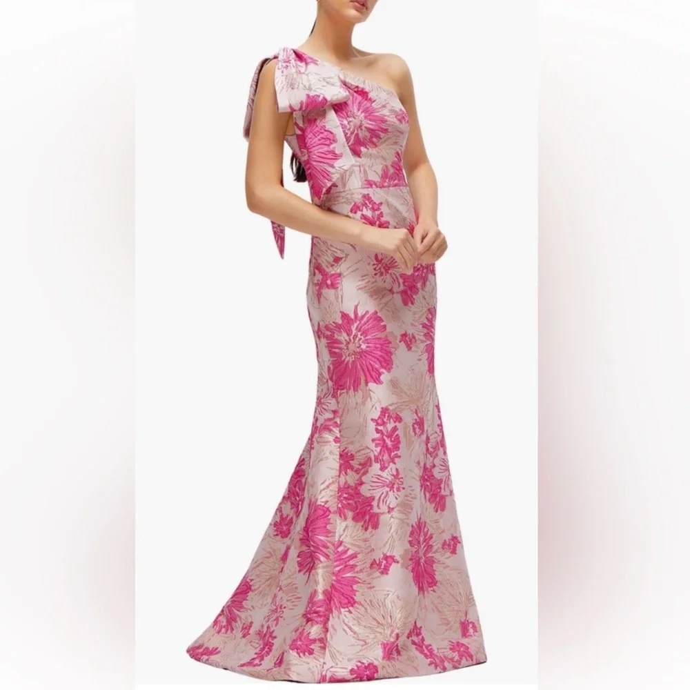 NEW ALFRED SUNG One-Shoulder Bow Pink Metallic Floral Jacquard Trumpet Gown 12 - Picture 2 of 7